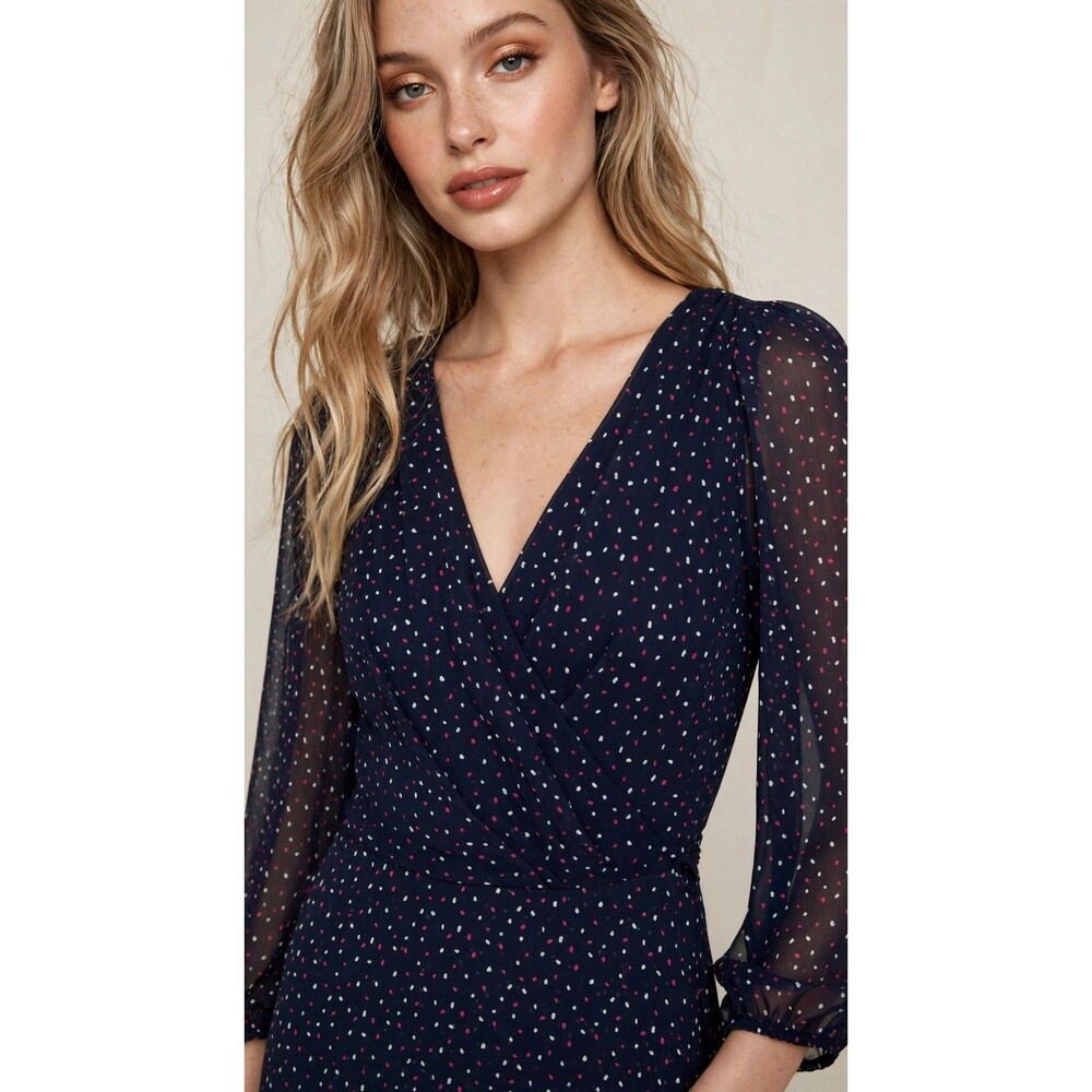 DKNY Navy Polka Dot Midi Dress Surplice V-Neck Long Sleeve Wrap Waist Tie Size 6